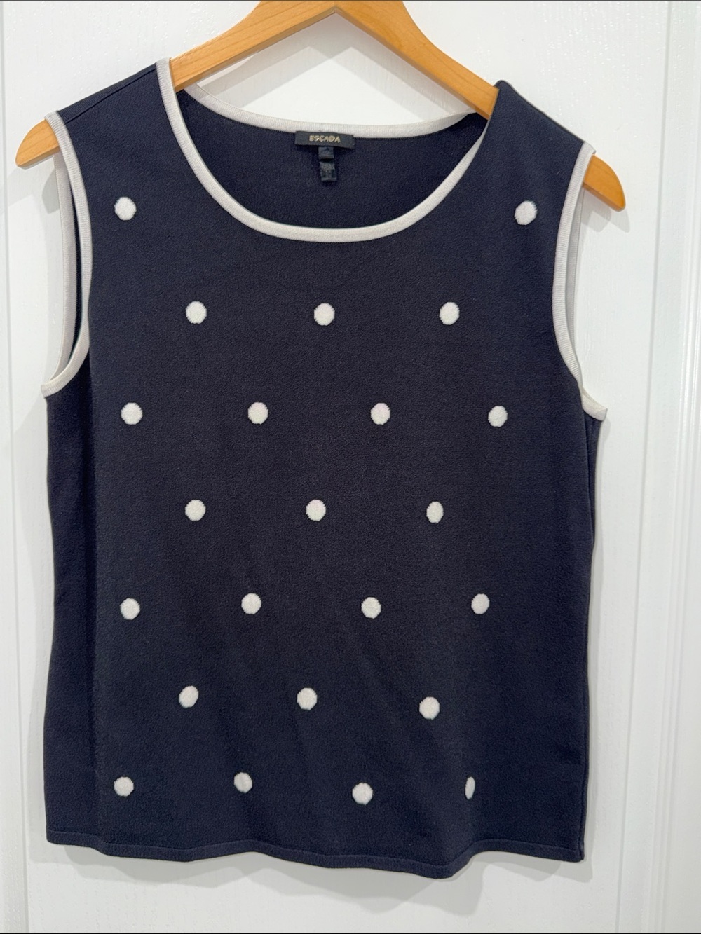Escada sleeveless tank top ivory polka dot pattern & ivory trim vintage 80s